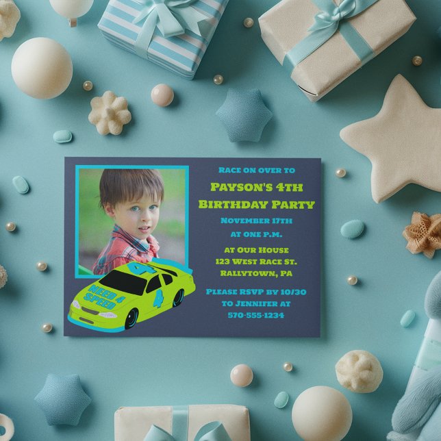 Invitation Besoin de 4 Speed Race Car Boys 4th Birthday Photo (Créateur téléchargé)