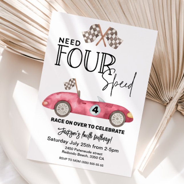 Invitation Besoin de 4 Speed Red Race voiture 4e anniversaire (Red race car brithday invitation 4th birthday, need four speed)