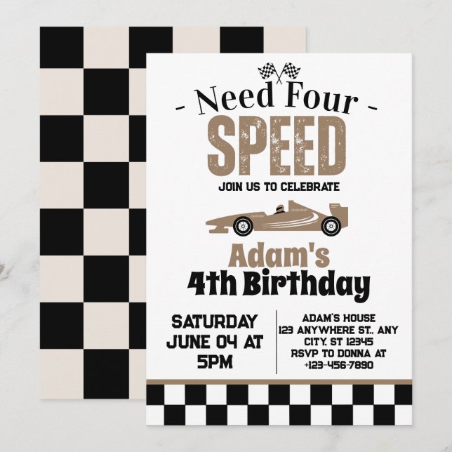Invitation Besoin de Four Speed Boy 4e anniversaire  (Devant / Derrière)