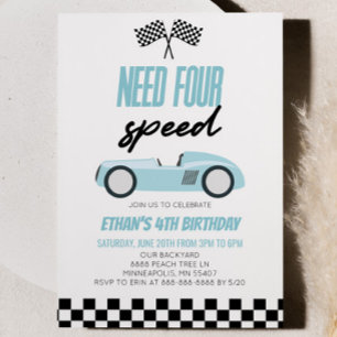Invitation Besoin de quatre Speed Blue Race Car 4e fête d'ann
