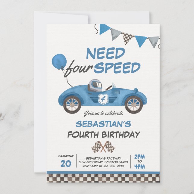 Invitation Besoin de quatre Speed Blue Race Car 4e fête d'ann (Devant)