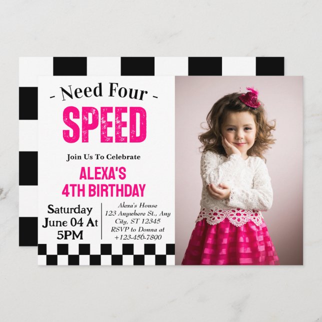 Invitation Besoin de quatre Speed Girl 4th Birthday Party pho (Devant / Derrière)