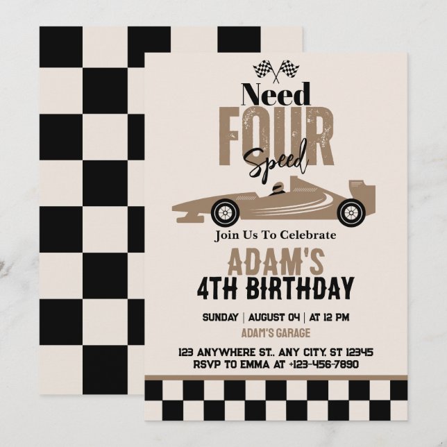 Invitation Besoin de quatre Speed Race Car Boy 4th Birthday P (Devant / Derrière)
