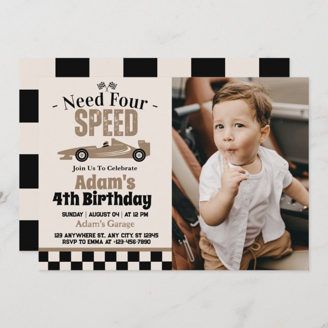 Invitation Besoin de quatre Speed Race Car Boy 4th Birthday P (Devant / Derrière)