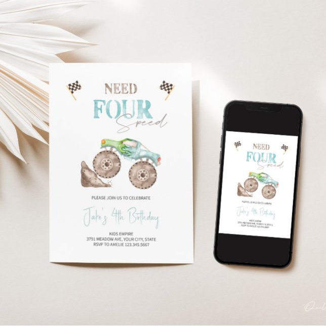 Invitation Besoin de quatre voitures Monster Bleu Vitesse Inv (Créateur téléchargé)