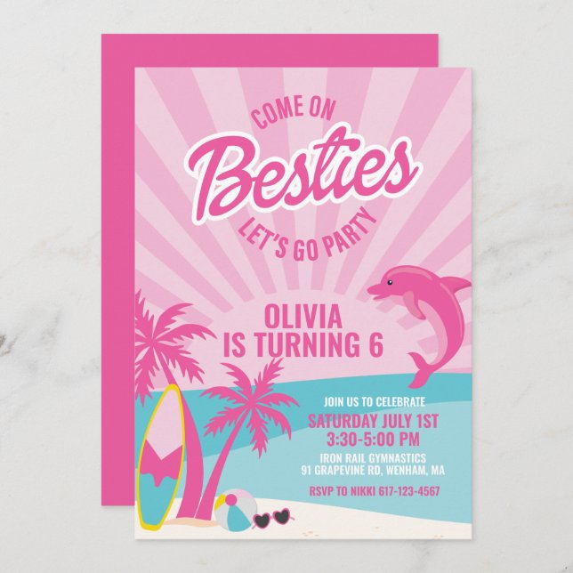 Invitation Besties rose malibu anniversaire de plage (Devant / Derrière)