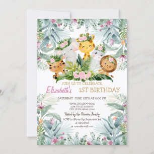 Invitation Bête Sauvage Animaux Floral Tropical 1er Anniversa
