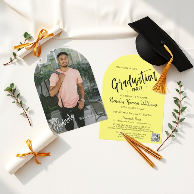 Invitation Beurre Arc Jaune Photo Grad Party QR Code (Créateur téléchargé)