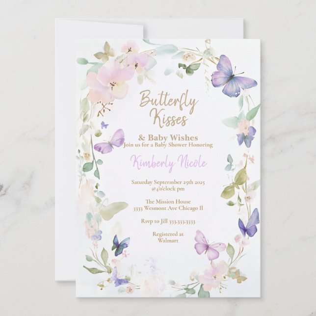Invitation Beurre baby shower papillons pourpre bébé (Devant)