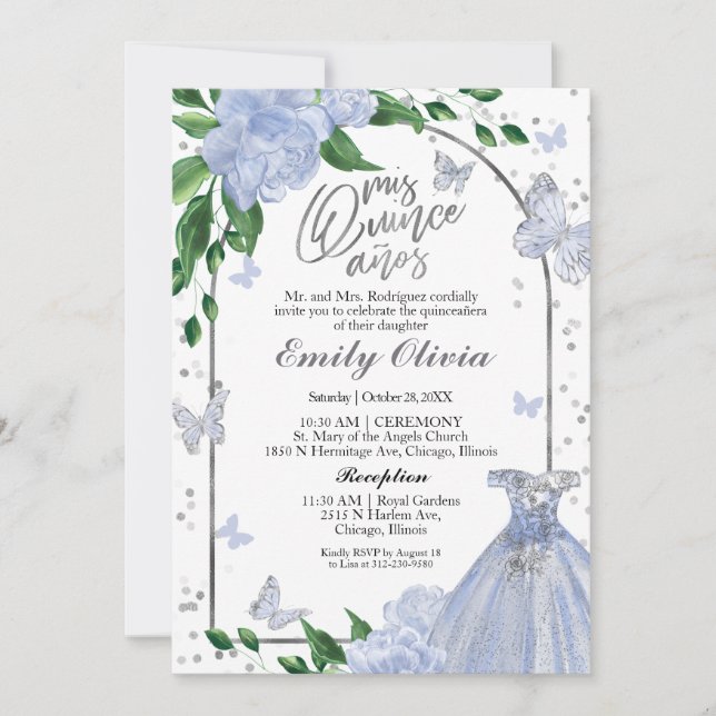 Invitation Beurre Bilingue Quinceanera Dusty Blue Gown (Devant)