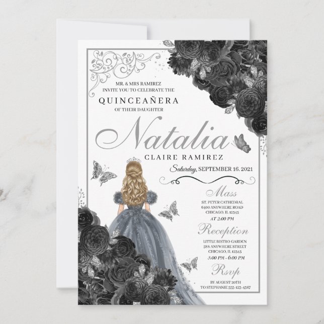 Invitation Beurre d'argent Rose noir Princesse Quinceañera (Devant)