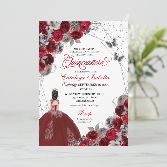 Invitation Beurre d'argent rouge princesse Quinceanera (Debout devant)