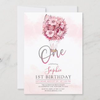 Invitation Beurre de ballon rose Premier anniversaire Fille d