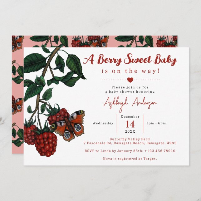 Invitation Beurre de framboise rouge doux Baby shower (Devant / Derrière)