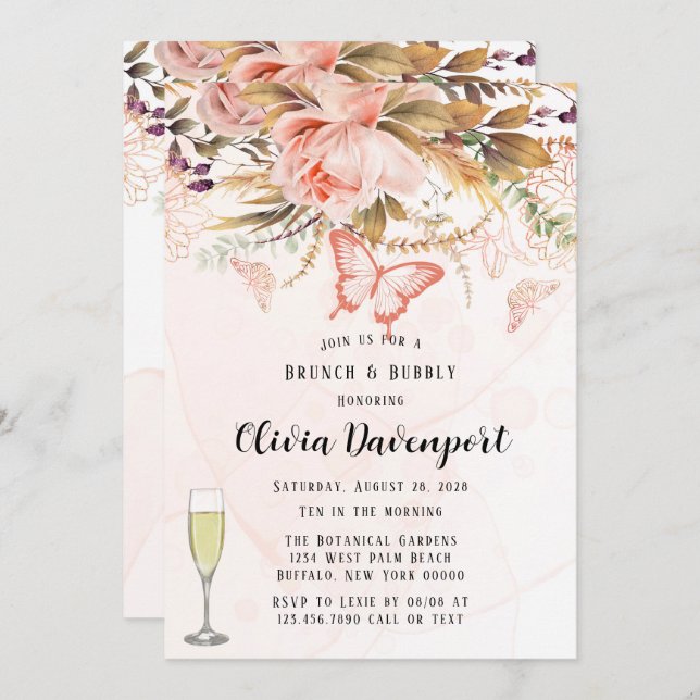 Invitation Beurre de pivoine botanique chic Brunch & Bubbly (Devant / Derrière)