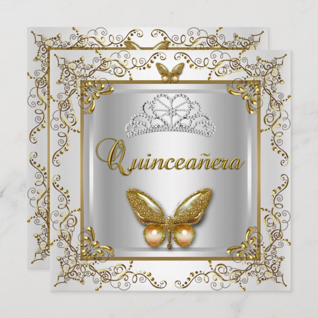 Invitation Beurre d'or blanc argent Quinceanera 15ème partie (Devant / Derrière)