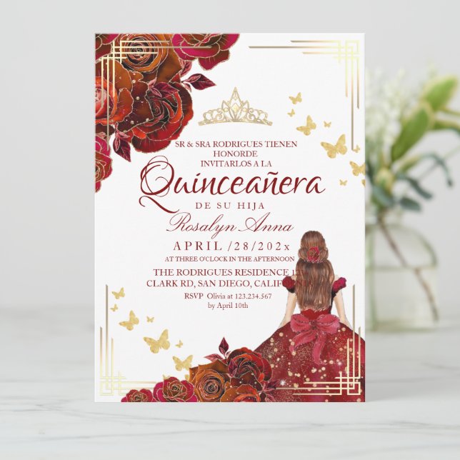 Invitation Beurre d'or du marron rouge Quinceañera (Debout devant)