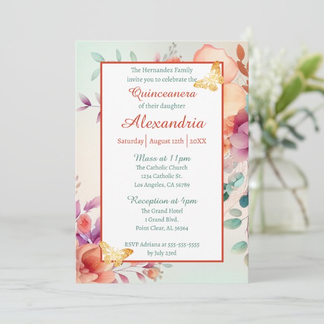 Invitation Beurre d'or floral Quinceanera (Debout devant)