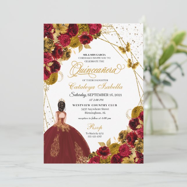 Invitation Beurre d'or rouge princesse Quinceanera (Debout devant)
