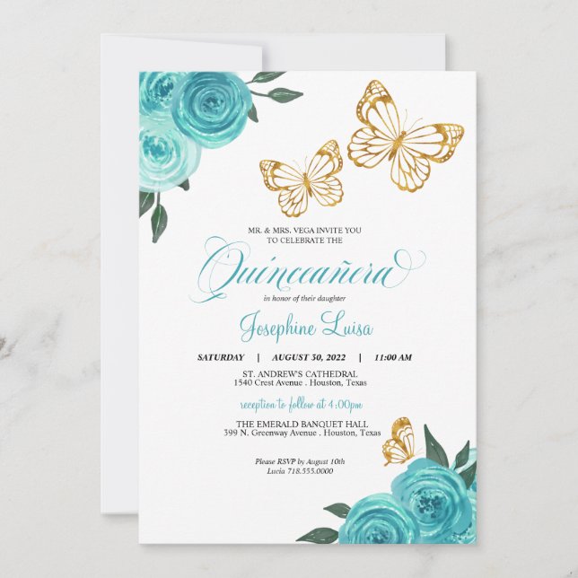 Invitation Beurre d'or Turquoise Rose Quinceañera Anniversair (Devant)