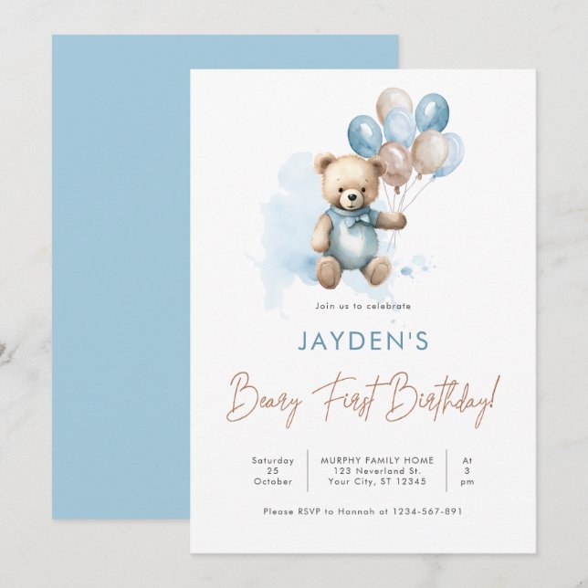 Invitation Beurre d'ours en peluche mignonne Premier annivers (Devant / Derrière)