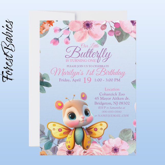 Invitation Beurre floral mignon pour bébé fille Anniversaire (Butterfly Girl 🦋 Pink Floral 🌸 ForestBabies Customizable Birthday Party Invitation - Front)