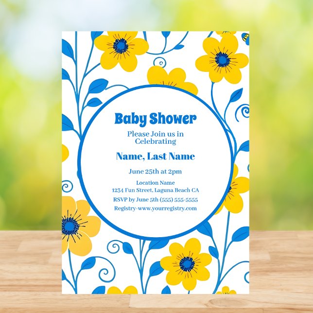 Invitation Beurre Florales jaunes et bleues-Baby shower (Butter Yellow and Blue Florals-Birthday Invitation in White)
