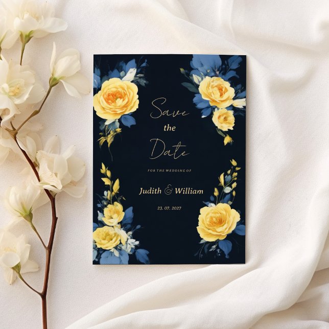 Invitation Beurre jaune marine bleu floral Enregistrer la dat (Buttercup yellow navy blue floral Save the Date)