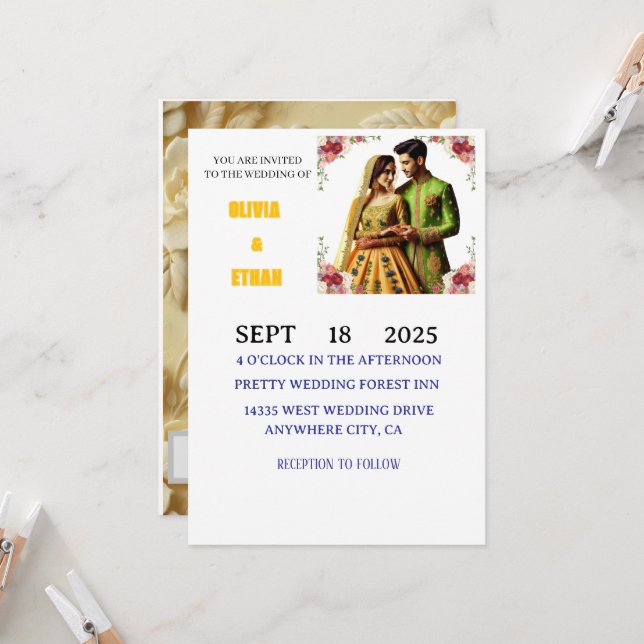 Invitation Beurre jaune & vert Élégant floral (Devant/Arrière en situation)