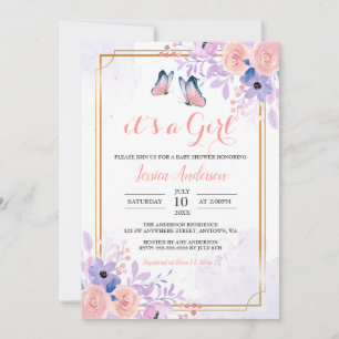 Invitation Beurre mignon Purple Rose Floral Fille Baby shower
