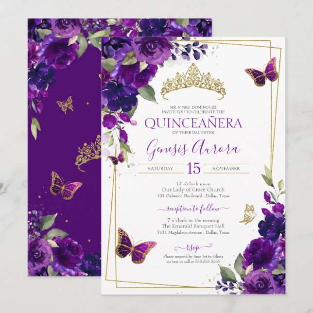 Invitation Beurre pourpre et or Floral Quinceanera (Devant / Derrière)