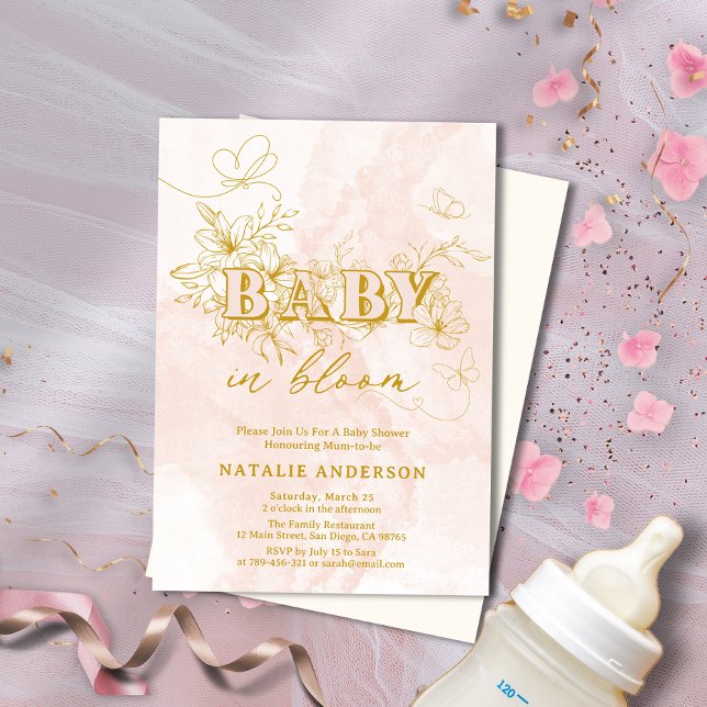 Invitation Beurre Rose Script Flore Papillons Bébé En Fleur (Blush Pink Script Floral Butterflies Baby In Bloom Invitation)