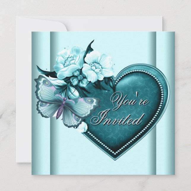 Invitation Beurre turquoise Bleu Coeur Bleu Turquoise (Devant)