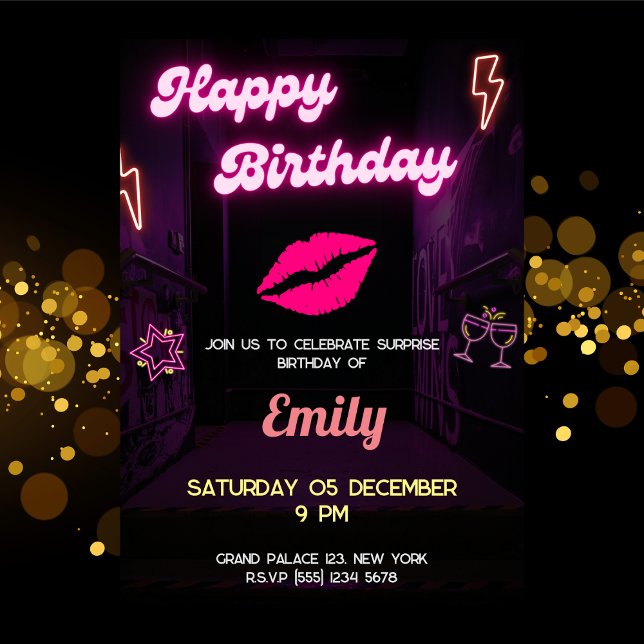 Invitation Bff Anniversaire Neon Lèvres Légères Femmes Filles (Neon Light Birthday Lips Women Bff Girls Invitation)