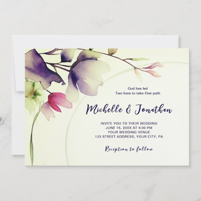 Invitation Bible Florale rose violet Verse Mariage chrétien (Devant)