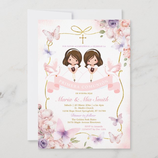 Invitation Bible Primera Comunión rose & violet Twin Girl (Devant)