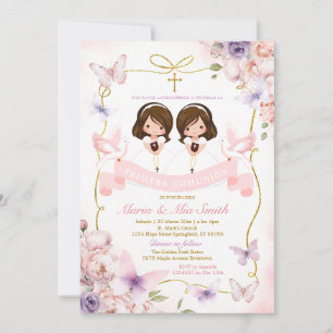 Invitation Bible Primera Comunión rose & violet Twin Girl