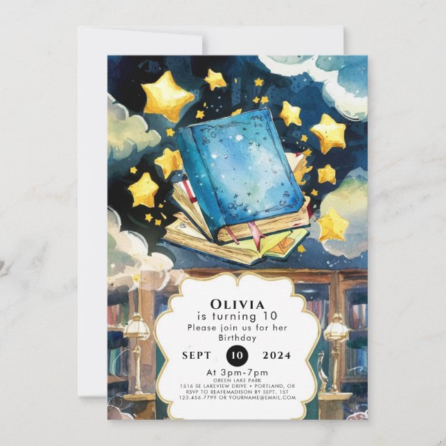 Invitation Bibliothèque Simple Magic Storybook Anniversaire (Devant)