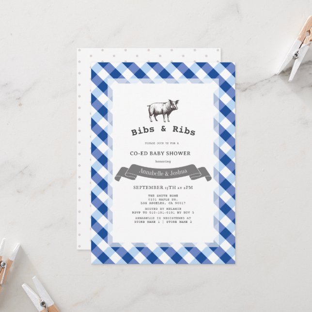Invitation Bibs & Ribs Rustique Baby Shower Co-Ed Gingham Mar (Devant/Arrière en situation)