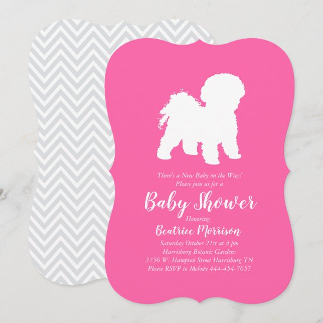 Invitation Bichon Frise Baby Shower Fille Rose (Devant / Derrière)