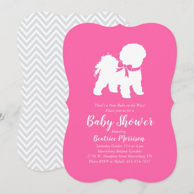 Invitation Bichon Frise Chien Baby shower fille rose (Devant / Derrière)