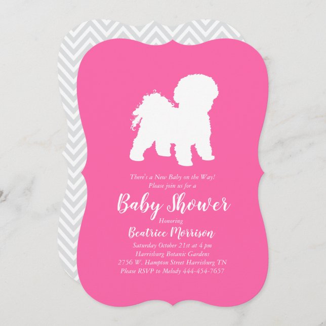 Invitation Bichon Frise Chien Baby shower fille rose (Devant / Derrière)