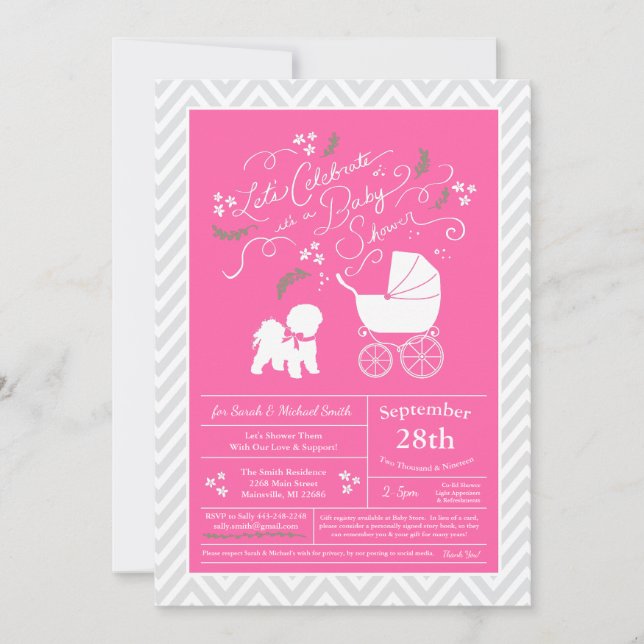 Invitation Bichon Frise Chien Baby shower fille rose (Devant)