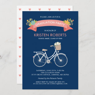 Invitation Bicycle Floral Navy Blue Girly Graduation Party