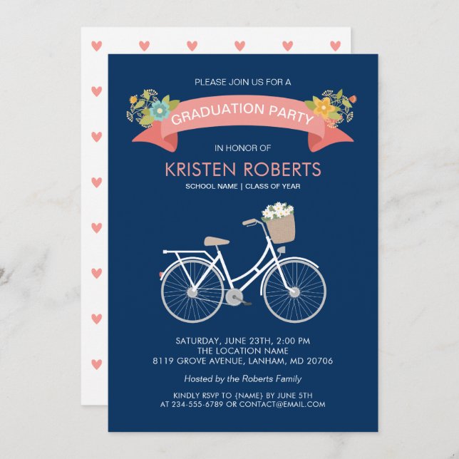 Invitation Bicycle Floral Navy Blue Girly Graduation Party (Devant / Derrière)