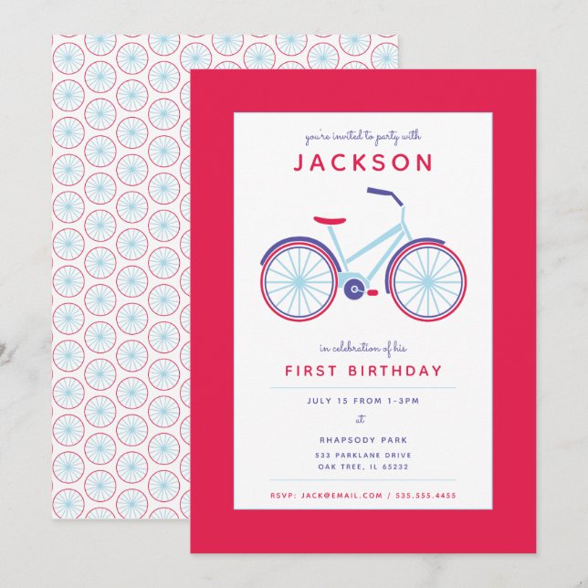 Invitation Bicyclette illustrée rétro en Anniversaire rouge (Devant / Derrière)