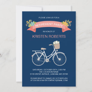 Invitation Bicyclette Marine Blue Floral Ribbon Retraite Part
