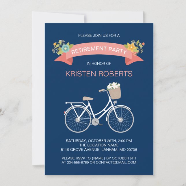 Invitation Bicyclette Marine Blue Floral Ribbon Retraite Part (Devant)