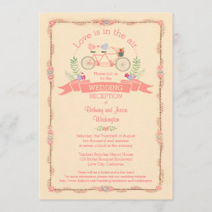 Invitation Bicyclette, oiseaux et réception de mariage tandem