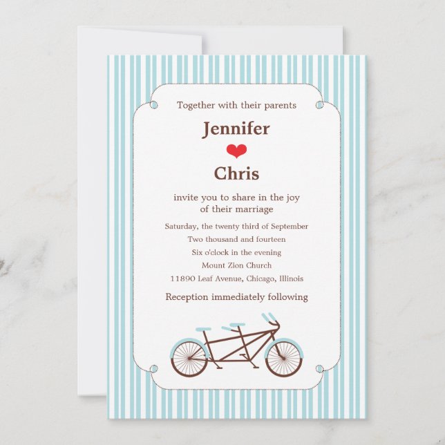 Invitation Bicyclette Retro Tandem Bleu & Blanc Mariage rayé (Devant)
